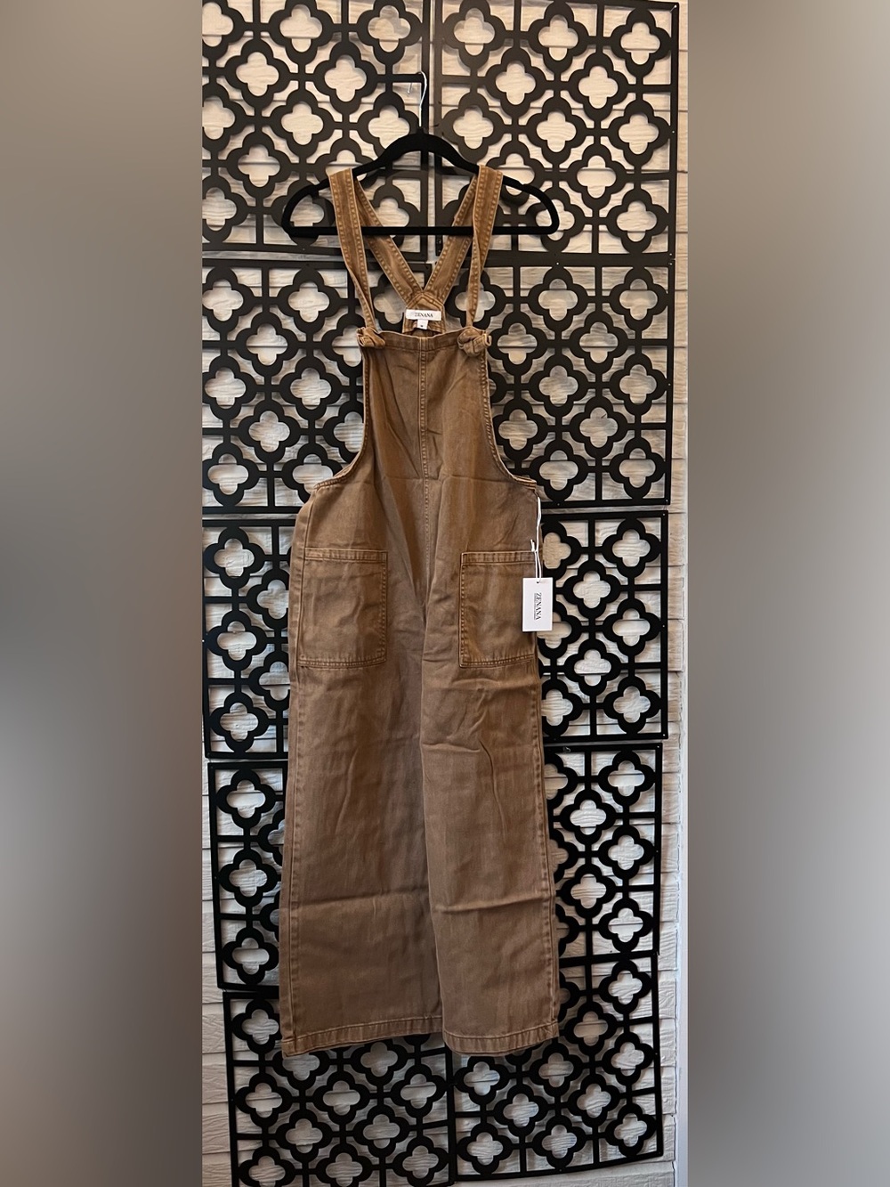 Zenana Outfitters Deep Camel Wide-Leg Women's Overalls knitted strap